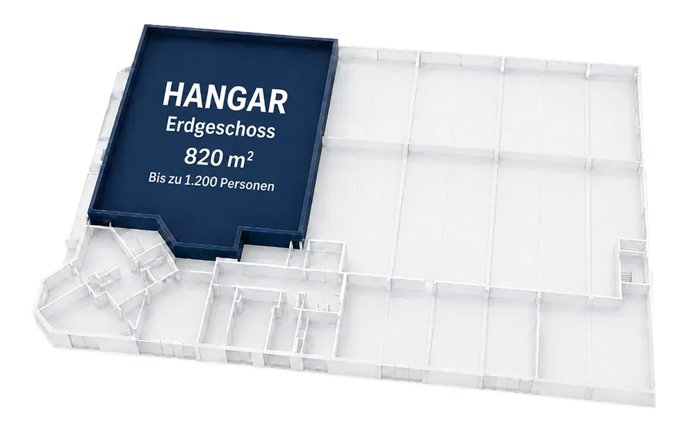 Grundriss des Hangars im Erdgeschoss mit 820 Quadratmetern für bis zu 1.200 Personen