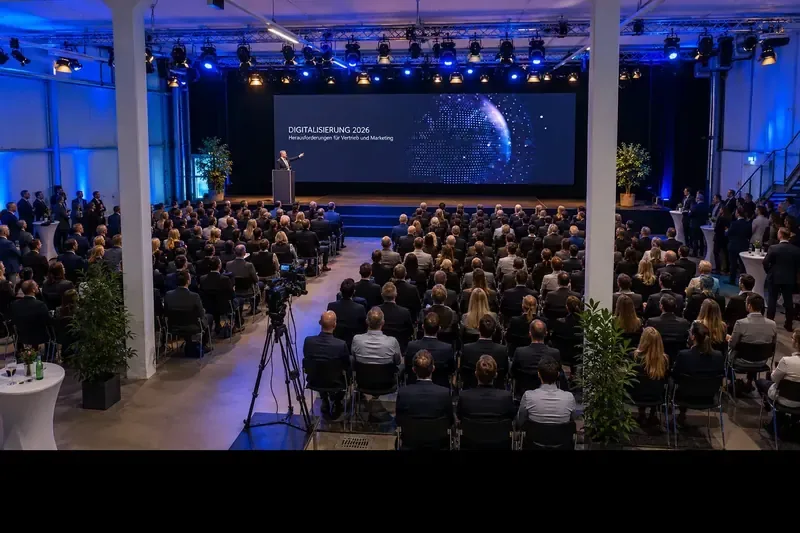 Firmenevent mit Bühnenpräsentation vor großem Publikum im Hangar