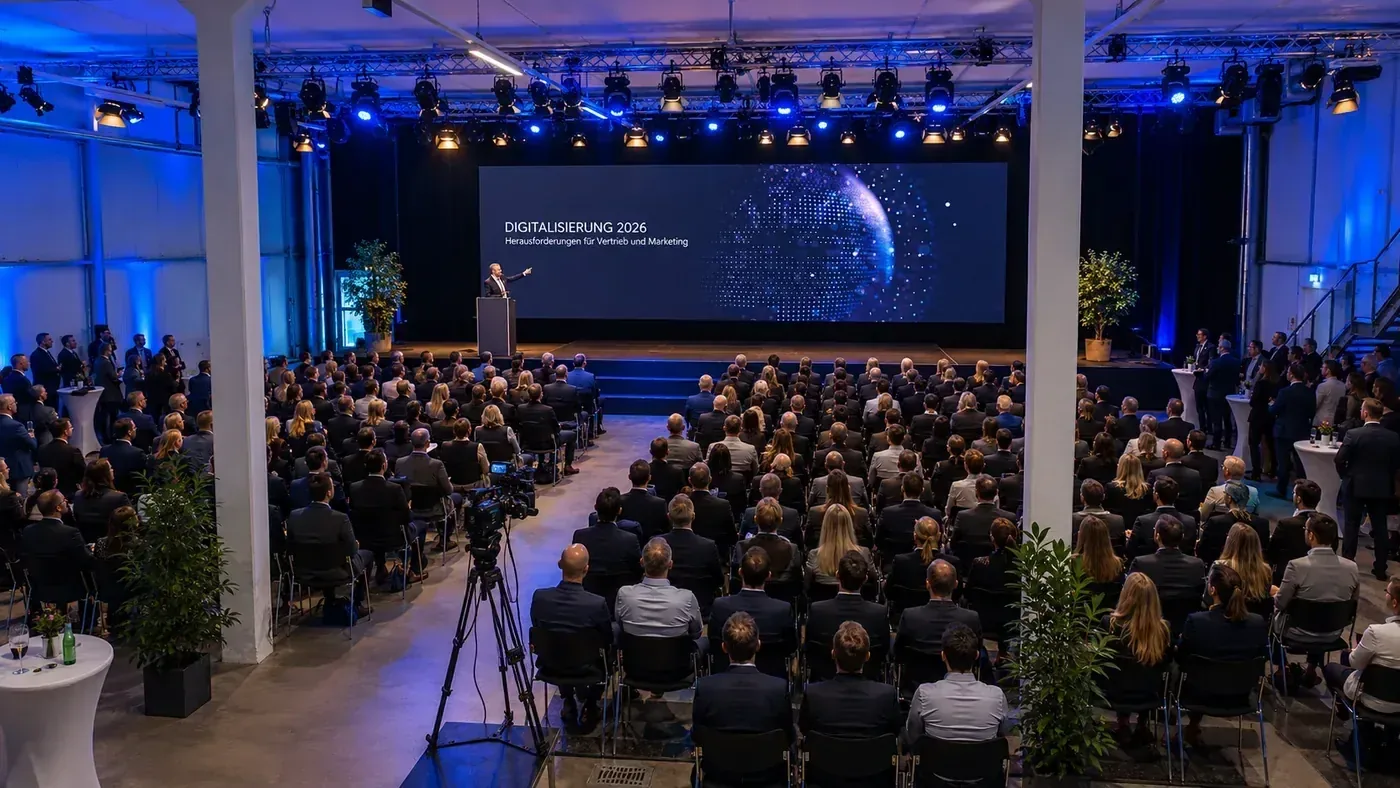 Firmenevent mit Bühnenpräsentation vor großem Publikum im Hangar bei aircraft events