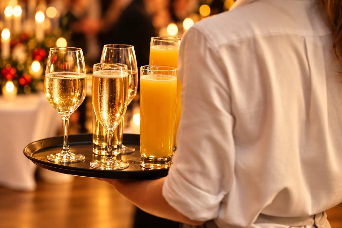 Service-Tablett mit Sekt und Orangensaft bei einem weihnachtlichen Empfang